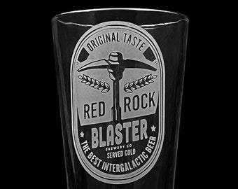 Fan Art  Rock Blaster Ale Pint Glass, Tumbler Video Game Gift Sand Blasted Custom Etched