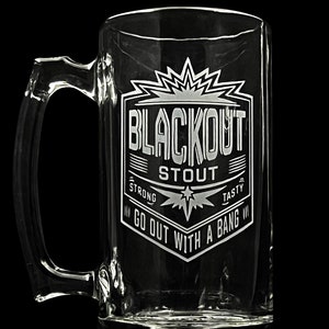 Fan Art DRG Black Out Stout Inspired Logo Sandblasted Etched Beer Stein Mining Dwarf