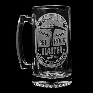 Fan Art DRG Red Rock Blaster Inspired Logo Sandblasted Etched Beer Stein Mining Dwarf