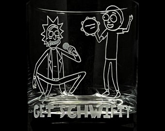 Fan Art Inspired Get Schwifty Design Custom Etched Whiskey Rocks Glass Rick and Morty
