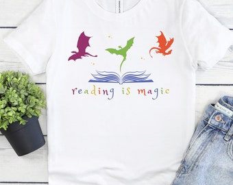 Reading is Magic Tee Dragons Shirt Youth Short Sleeve Tee KIDS Book Lover Shirt Magic Shirt Wings Fan Shirt Youth T-Shirt Reader Top Girls