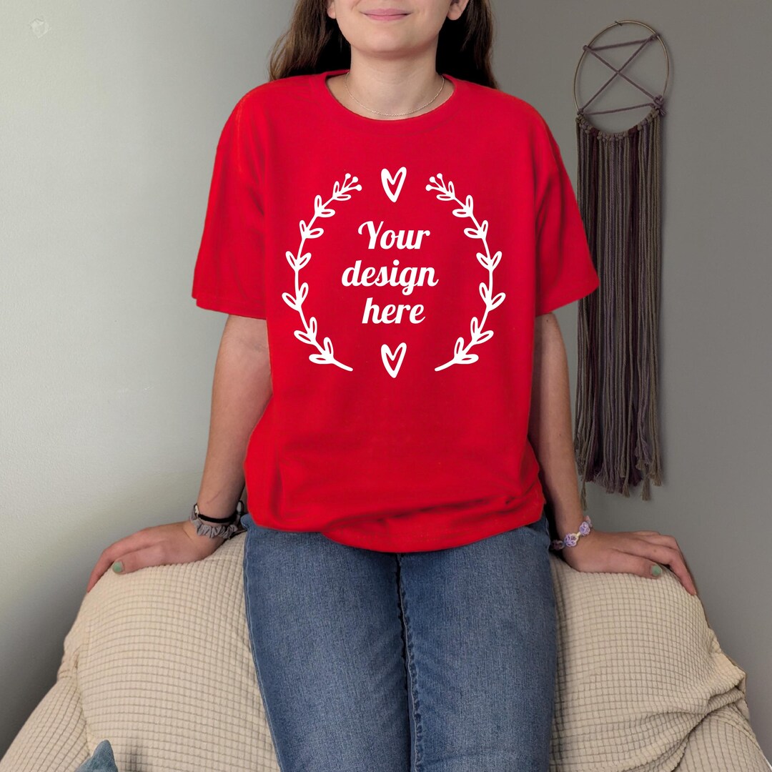 Preteen Female Gildan 5000b RED Heavy Cotton Tshirt Mockups Tween Teen ...