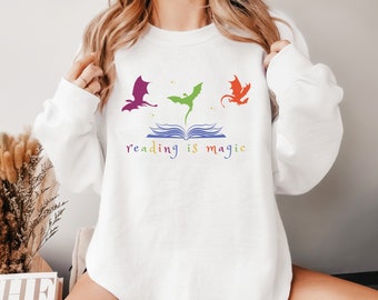 Reading is Magic Crewneck Dragon Book Lover sweatShirt Magic sweatShirt Wings Fan Dragon Shirt Reader shirt Dragon crewneck Fantasy Shirts