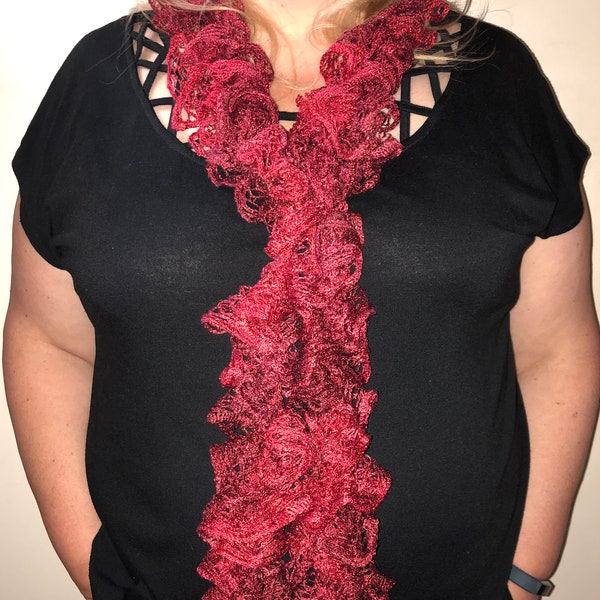 Hand Knit Spiral Frilly Lace Scarf - Red with Metallic Red Accent