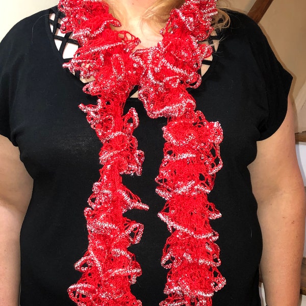 Hand Knit Spiral Frilly Lace Scarf - Red with Metallic Silver Accent.  FREE SHIPPING