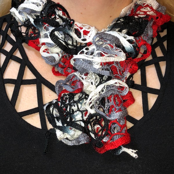 Hand Knit Spiral Frilly Lace Scarf - White, Red, Black and Gray FREE SHIPPING