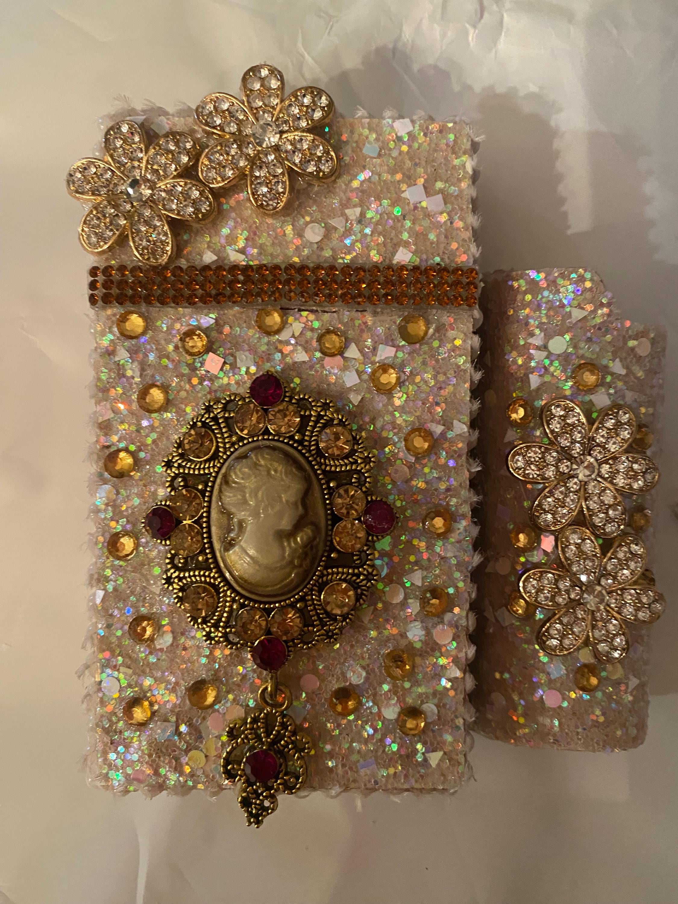 Womens cameo crystal cigarette case with lighter case