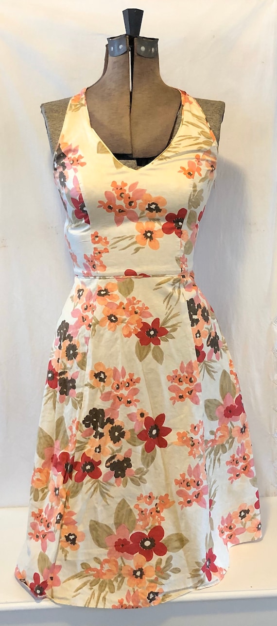 Vintage Floral Sleeveless Cotton Dress Lined Mid C