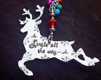Hand Stamped 'Jingle all the way' Reindeer Christmas Decoration, Reindeer Ornament, Jingle Bells, Reindeer, Christmas Ornament, Home Decor.