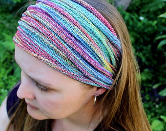 WIDE Rainbow Yoga Knit Hippie Dreadlocks Headband, Festival Clothes, Boho Hair Accessories, LGBT, Headwrap, Winter Headbands, Dreadbands