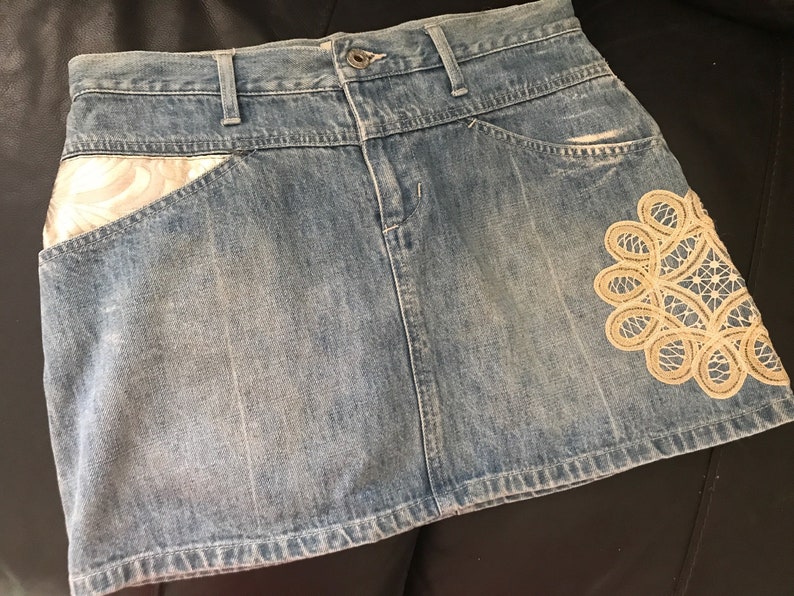 Festival Clothing for Women Denim Embellished Skirt Boho Grunge Skirts Australia Upcycled Denim Skirt Summer Mini Skirt 90s Style