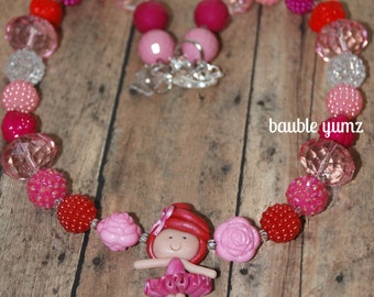 Ballerina, Ballet Shoes, Pink Red, Tiny Dancer, Child Toddler jewelry, chunky gumball bubblegum necklace, baby girl chunky necklace