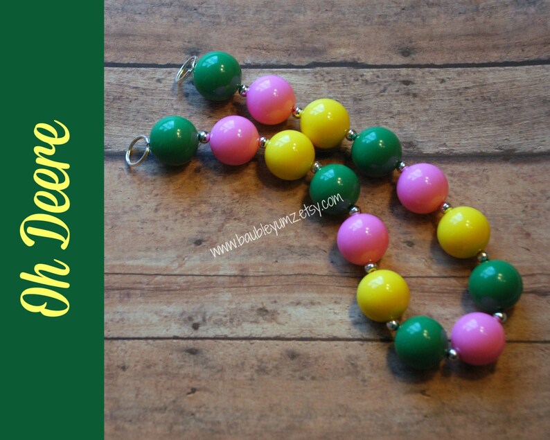 Oh Deere, John Deere, Yellow Green Pink, Girl Chunky Bubblegum Necklace, Statement Necklace, birthday gift or party favor, or accessory image 1