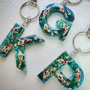 Letter Initial Keychain Koi Fish Resin Key Ring Glow in the dark image 1