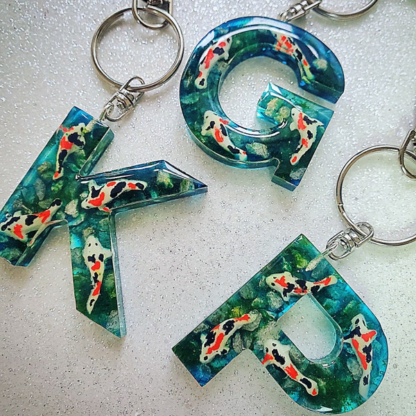 Letter Initial Keychain- Koi Fish - Resin Key Ring - Glow in the dark -