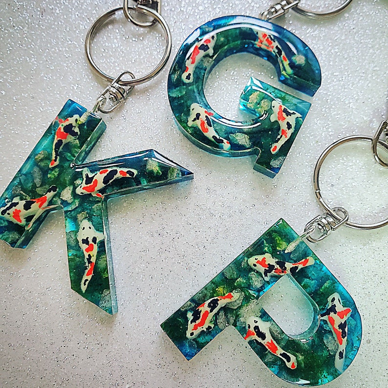 Letter Initial Keychain Koi Fish Resin Key Ring Glow in the dark image 1