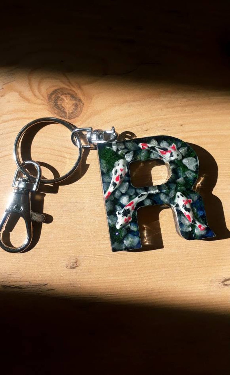 Letter Initial Keychain Koi Fish Resin Key Ring Glow in the dark image 4