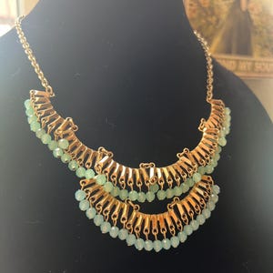 Seafoam Glass Fringe Bib Necklace: Gold-Tone Cleopatra Boho Statement