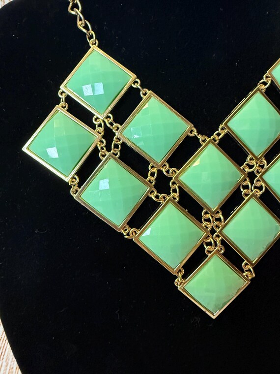 Mint Green Bib Necklace: Gold Tone Geometric Squa… - image 2