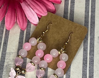 Pink Beaded Butterfly Dangle Earrings: Gold Accent Cottagecore Jewelry
