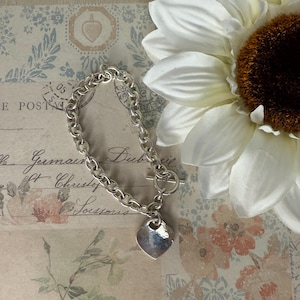 Vintage Sterling Silver Heart Tag Toggle Bracelet: Chunky Chain Link