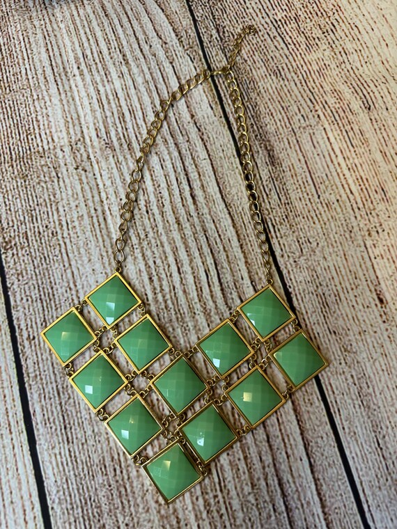 Mint Green Bib Necklace: Gold Tone Geometric Squa… - image 6
