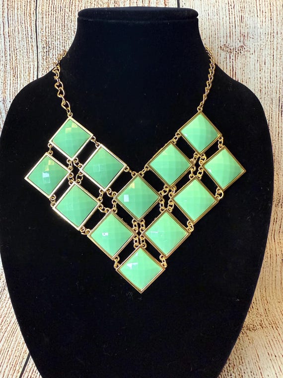 Mint Green Bib Necklace: Gold Tone Geometric Squa… - image 1