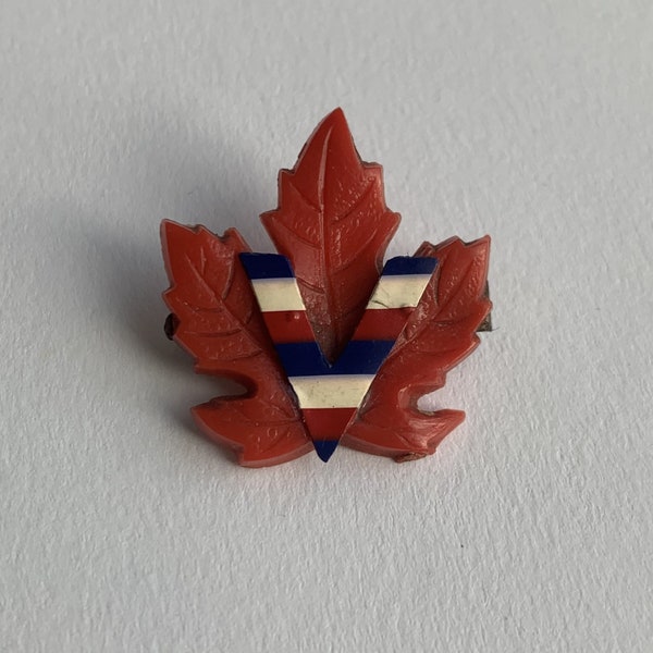 Absolutely Stunning Vintage Carved Bakelite Maple Leaf Red White and Blue V for Victory Brooch 1940s Fantastic Rare Brooch