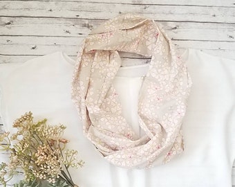 Handmade Infinity Scarf, Cowl, Spring Scarf, Cotton Voile, floral scarf, pink and gray floral