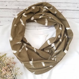 Brown Feathers Infinity Scarf, Circle Scarf,  Organic Cotton Knit