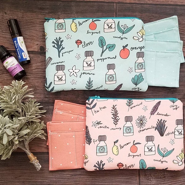 Small Essential Oil Bag in Bottle Print, Peach or Mint, Travel Case, Oil Case, Organizer, zip pouch - Made to Order