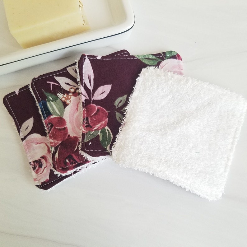 Cotton facial wipes, face scrubbies, makeup remover pads, washable, reusable, set of 4, plum rose print image 2