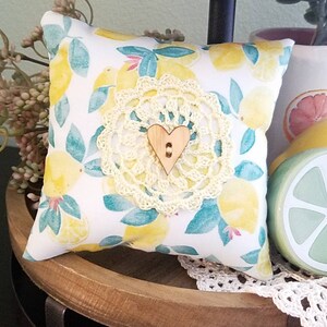 Mini Pillow, Pincushion, Watercolor Lemons, crochet, tier tray decor, farmhouse, summertime, summer decor