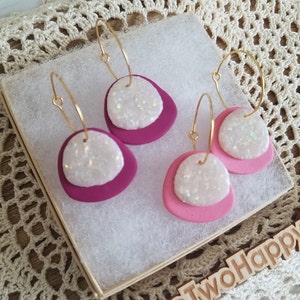 Pink and Purple Sparkle Hoop Earrings, Handmade Polymer Clay earrings, Valentine&#39;s Day, Mother&#39;s Day