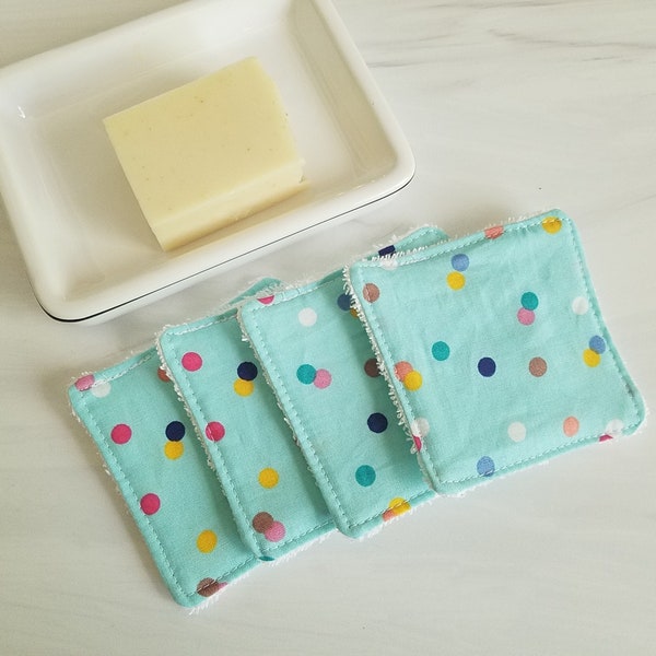 Cotton facial wipes, face scrubbies, makeup remover pads, washable, reusable, set of 4, confetti dot print