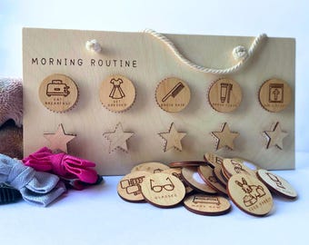 Montessori Morning Routine Chart: Wooden 5 Step Visual Schedule, Autism ADHD Support