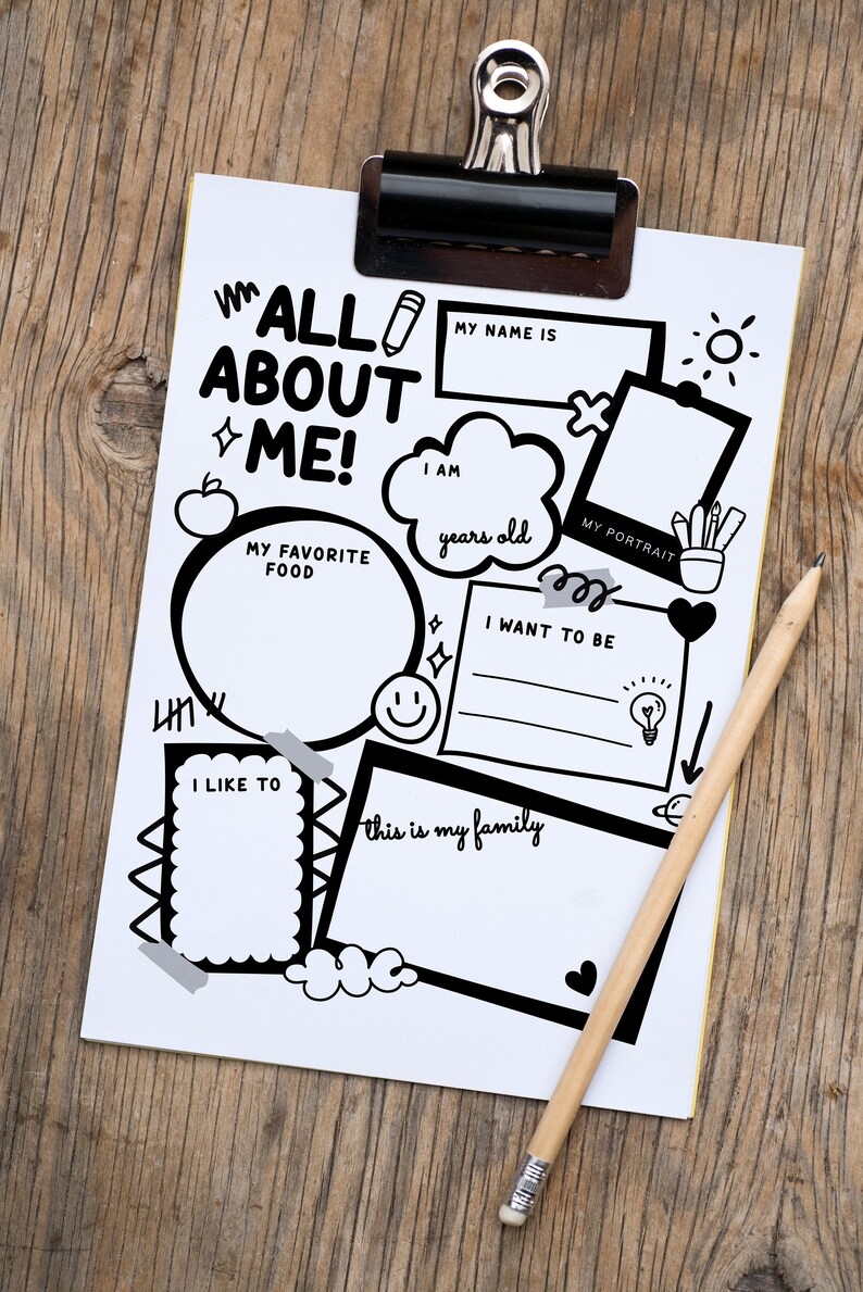 Puede incluir: Una hoja de trabajo imprimible en blanco y negro con el texto "I'm All About Me!" y varias indicaciones para que los ni&ntilde;os rellenen, incluyendo su nombre, edad, comida favorita y un autorretrato.