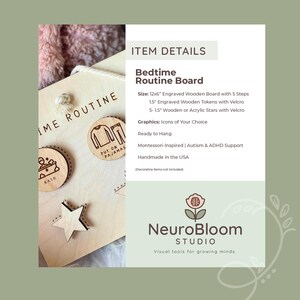 May include: A wooden bedtime routine board with engraved icons and text. The board includes a star-shaped token and circular tokens with Velcro. The text "Bedtime Routine" is visible. The board is 12x6 inches and handmade in the USA.