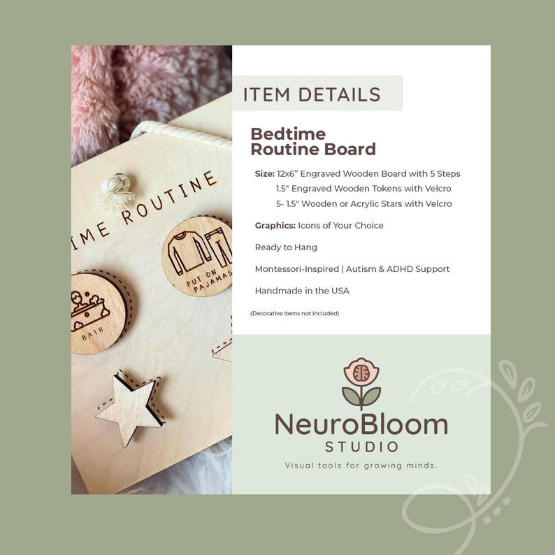 May include: A wooden bedtime routine board with engraved icons and text. The board includes a star-shaped token and circular tokens with Velcro. The text "Bedtime Routine" is visible. The board is 12x6 inches and handmade in the USA.