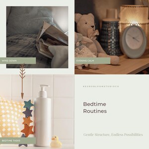 May include: A collage featuring bedtime routine elements. Includes a book on a bed, a teddy bear, a clock, a bottle with a pump, a stack of star-shaped wooden toys, and a rubber duck. Text reads "Bedtime Routines" and "Gentle Structure, Endless Possibilities."