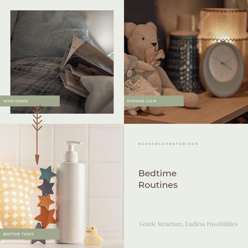 May include: A collage featuring bedtime routine elements. Includes a book on a bed, a teddy bear, a clock, a bottle with a pump, a stack of star-shaped wooden toys, and a rubber duck. Text reads "Bedtime Routines" and "Gentle Structure, Endless Possibilities."