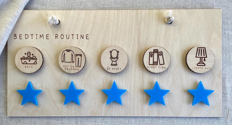 Wooden Bedtime Routine Chart: 5-Step Visual Schedule for Kids, Autism ADHD image 1