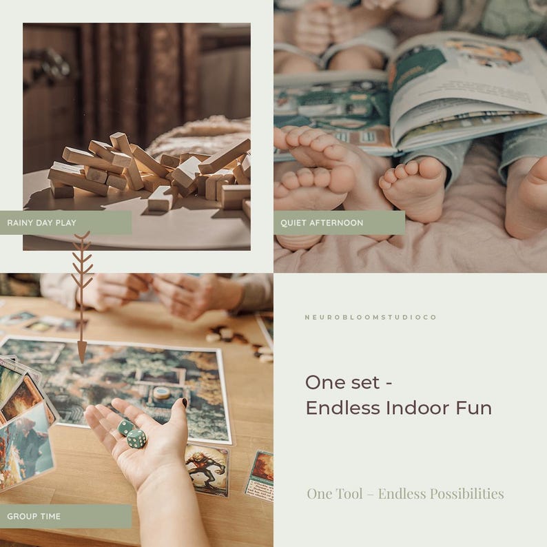 May include: A collage featuring wooden building blocks, a person reading a book, and a board game with cards and green dice. The text reads: RAINY DAY PLAY, QUIET AFTERNOON, GROUP TIME, NEUROBLOOMSTUDIOCO, One set - Endless Indoor Fun, One Tool - Endless Possibilities.