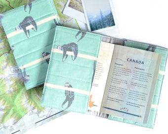 Sloth Passport Cover, Green Travel Wallet, Sloth Lover Gift for Traveler, Fabric Passport Sleeve, Travel Document Case, Passport Organizer