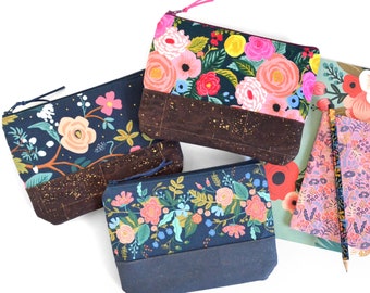 Rifle Paper Co Pouch, Floral Travel Bag, Small Planner Pouch, Cork Makeup Bag, Blue Pencil Case, Rifle Gift for Teen, Zippered Purse Insert