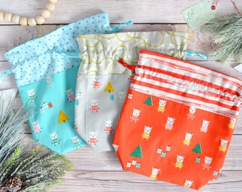 Bright Holiday Gift Bag, Kids Gift Wrap, Fabric Party Bag, Drawstring Bag, Reusable Gift Wrapping, Knitting Project Bag, Kids Christmas Bag