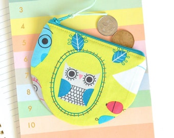 Owl Coin Pouch, Kids Gift Card Holder, Round Change Purse, Girls Gift Under 20, Green Card Wallet, Small Fabric Purse, Fabric Zipper Bag