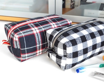 Red Plaid Pouch, Dopp Bag for Men, Toiletry Travel Bag, Flannel Accessories, Travel Gift for Her, Large Cosmetic Bag, Boxy Pouch, Plaid Gift