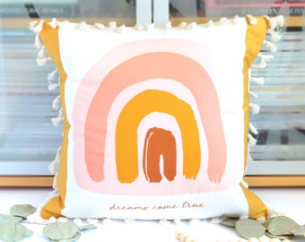 Boho Rainbow Pillow Cover, Quote Pillow With Saying, Tassel Pillow, Boho Home Decor, Rainbow Baby Nursery, White Throw Cushion Square Pillow