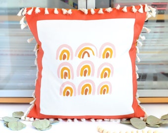 Earthy Home Decor, Boho Rainbow Pillow, Tassel Pillow Cover 18x18, College Dorm Decor, Decorative Pillow Rainbow Gift for Teen Throw Cushion